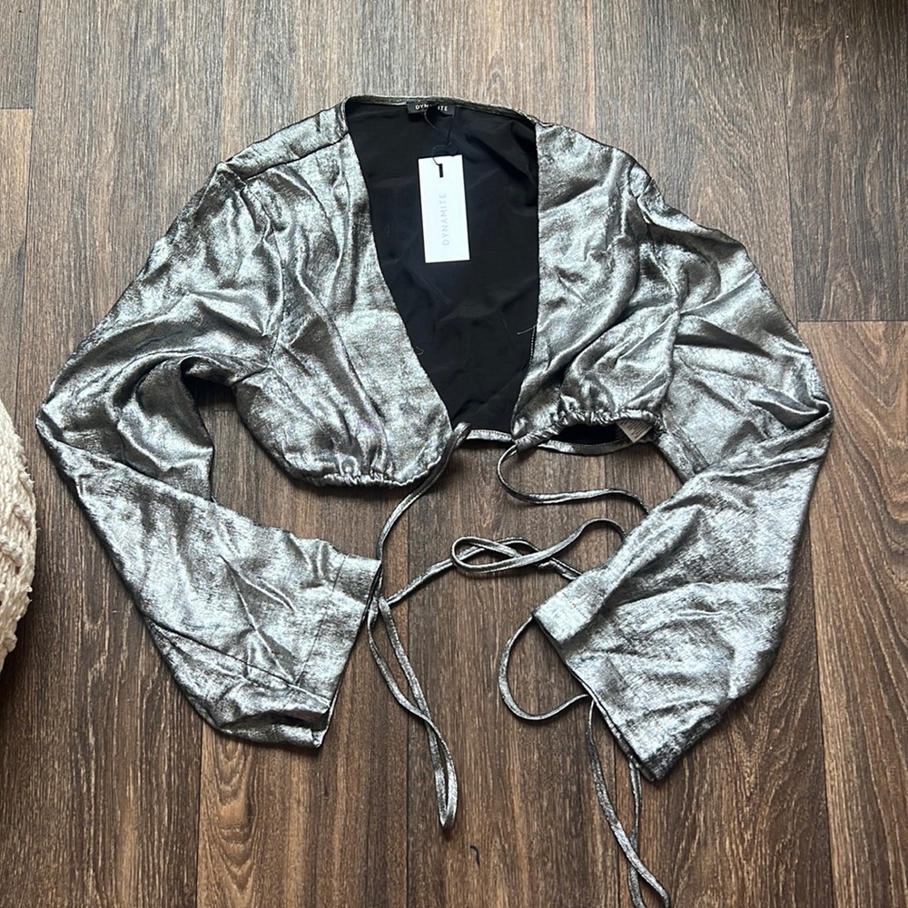 Dynamite Callie Metallic Wrap Blouse